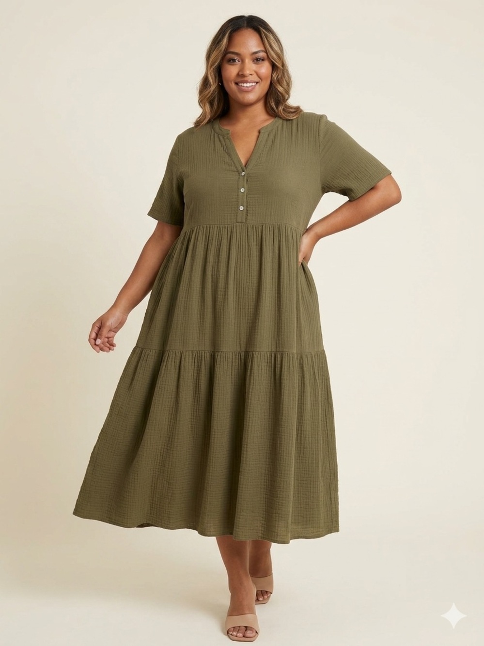 Plus-Size Olive Green Tiered Maxi Dress with Button Front